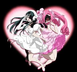  2girls absurdres alien_stage ankle_scrunchie black_background black_hair bow dress dress_bow elbow_gloves gloves headset heart highres li_zao_yu_qiqi long_hair microphone mizi_(alien_stage) mizi_(zombie_stage) multiple_girls pink_bow pink_dress pink_hair pink_scrunchie pink_shoes scrunchie shoes strapless strapless_dress sua_(alien_stage) sua_(zombie_stage) twintails white_bow white_dress white_gloves white_shoes zombie_stage 
