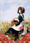  bad_id basket blue_eyes boots bow brown_hair cat flower flower_field large_bow looking_back maid maid_headdress original rounded_corners short_hair siro sitting 