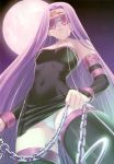  bare_shoulders black_dress blindfold breasts chain chains collar collar_bone detached_sleeves dress fate/stay_night fate_(series) from_below highres long_hair navel panties pantyshot purple_hair rider scan strapless_dress taka_tony thigh-highs thighhighs underwear very_long_hair zettai_ryouiki 