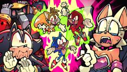  1girl 5boys animal_ears black_fur blue_fur cigarette dav_(krooked_glasses) e-123_omega furry furry_female furry_male gloves holding holding_cigarette knuckles_the_echidna multiple_boys open_mouth red_fur rouge_the_bat shadow_the_hedgehog sonic_(series) sonic_the_hedgehog tails_(sonic) teeth white_gloves yellow_fur 