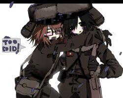 2boys :d a00ku bag black_eyes black_hair blush brown_gloves brown_jacket closed_eyes commentary fang glasses gloves hat jacket male_focus multiple_boys orange_hair randal's_friends randal_ivory rectangular_eyewear satchel smile snot tsukada_satoru untranslatable_commentary upper_body ushanka 