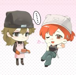  ... apron aragaki_shinjirou arm_behind_head bare_shoulders beanie black_shoes black_tank_top blue_pants brown_eyes brown_gloves brown_hair cake chibi commentary crossed_legs food frown full_body gloves gradient_background grey_eyes hair_between_eyes hair_ornament hairclip hand_on_own_face hand_up hard_hat hat heart helmet holding holding_food holding_wrench looking_at_viewer medium_hair multicolored_gloves open_mouth oven_mitts pants parted_bangs persona persona_3 persona_3_portable pink_apron pink_ribbon polka_dot polka_dot_background ribbon ribbon-trimmed_apron ribbon_trim shiomi_kotone shiomi_kotone_you_liang_zhi_yan_jing shoes short_hair simple_background sitting sleeveless sweatdrop sweater tank_top turtleneck turtleneck_sweater wrench 