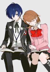 1boy 1girl ankle_socks belt black_jacket black_ribbon black_skirt black_socks blue_eyes blue_hair book book_on_lap bow bowtie brown_hair cardigan choker closed_eyes closed_mouth collar collared_shirt commentary digital_walkman earphones earphones_removed earrings expressionless eyelashes feet_out_of_frame flipped_hair gekkoukan_high_school_uniform grey_background hair_between_eyes hand_on_another's_arm hand_on_another's_hand head_on_another's_shoulder head_tilt heart heart_choker highres invisible_chair jacket jewelry kneehighs knees leaning_on_person legs long_sleeves looking_down looking_to_the_side loose_bowtie miniskirt mp3_player neck_ribbon one_eye_closed open_book open_clothes open_collar open_jacket parted_lips persona persona_3 pink_cardigan pleated_skirt red_bow red_bowtie ribbed_cardigan ribbon school_uniform shirt short_hair simple_background sitting skirt sleeping socks stud_earrings takeba_yukari upper_body white_choker white_shirt wing_collar yongshi_haiyuan yuuki_makoto_(persona_3) 