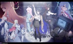  1boy 6+girls ahoge animal_ears aoi_(blue_archive) ayumu_(blue_archive) beret black_hair black_pantyhose blonde_hair blonde_student_council_president_(blue_archive) blue_archive blue_eyes blue_hair blue_halo blue_necktie breasts coat coat_on_shoulders colored_inner_hair commentary_request dark-skinned_female dark_skin dress fox_ears fox_girl general_student_council_president_(blue_archive) giga-tera gloves green_eyes haine_(blue_archive) hair_over_one_eye halo hat highres implied_extra_ears kaya_(blue_archive) kaya_(prison)_(blue_archive) korean_commentary large_breasts long_hair long_skirt long_sleeves mole mole_under_eye momoka_(blue_archive) mouth_hold multicolored_hair multicolored_halo multiple_girls neckerchief necktie object_head orwell_(blue_archive) pantyhose pink_hair plaid_clothes plaid_skirt pointy_ears prison_clothes red_eyes red_halo red_neckerchief rimless_eyewear rin_(blue_archive) rin_(casual)_(blue_archive) school_uniform serafuku short_hair shoulder_strap skirt spork spotlight streaked_hair sumomo_(blue_archive) sweater sweater_tucked_in television turtleneck turtleneck_sweater twintails two-tone_hair two-tone_halo vest violet_eyes white_dress white_gloves white_hair white_hat white_skirt white_sweater yellow_eyes yellow_halo yukino_(blue_archive) 
