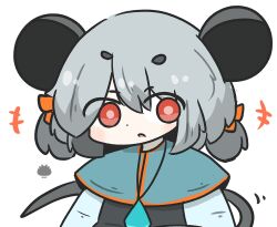  +++ 1girl alternate_hairstyle animal_ears black_dress blue_capelet bow capelet chibi commentary_request dress grey_hair grey_shirt hair_between_eyes hair_bow highres low_twintails motion_lines mouse_ears mouse_girl mouse_tail nazrin orange_bow parted_lips red_eyes sea_urchin shirt short_twintails simple_background solo tail touhou twintails uni_souchou upper_body white_background 