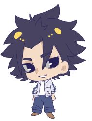  1boy black_eyes black_hair black_socks blue_pants brown_shoes chibi chibi_only chinese_commentary commentary_request false_memory full_body he_mingshuo high_tops jacket male_focus open_clothes open_jacket pants pants_rolled_up shirt shoelaces shoes simple_background sleeves_rolled_up smile sneakers socks spiky_hair white_background white_shirt zhanglang_dawang 
