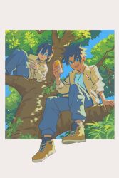  2boys aged_down black_eyes black_hair black_socks blue_pants brown_shoes can chinese_commentary commentary_request drink_can false_memory guan_chao_(false_memory) guan_chao_(teenager)_(false_memory) hair_between_eyes hair_down handheld_game_console he_mingshuo high_collar high_tops holding holding_can holding_handheld_game_console in_tree jacket leaf light_rn looking_at_viewer male_focus medium_hair multiple_boys open_clothes open_jacket pants pants_rolled_up shirt shoelaces shoes sitting sitting_in_tree sky sleeves_rolled_up smile sneakers socks spiky_hair track_jacket tree white_shirt zipper zipper_pull_tab 