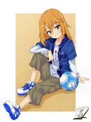  1girl ball blue_jacket blush brown_eyes brown_hair character_request commentary_request eyelashes full_body green_pants hair_between_eyes hand_on_ground highres idolmaster idolmaster_cinderella_girls jacket layered_sleeves long_hair long_sleeves open_clothes open_jacket pants sekiya_kuzuyu shadow shirt shoes short_over_long_sleeves short_sleeves signature simple_background sitting smile soccer_ball solo white_shirt white_shoes 