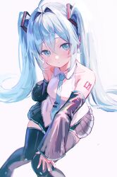  1girl ahoge ayafu bare_shoulders black_boots black_skirt black_sleeves blue_eyes blue_hair blue_necktie blush boots collarbone collared_shirt commentary_request detached_sleeves frilled_shirt frills from_above grey_background hair_between_eyes hair_intakes hair_ornament hand_on_ground hand_on_own_knee hatsune_miku headset highres long_hair looking_at_viewer miniskirt necktie number_tattoo on_ground shirt shoulder_tattoo sidelocks simple_background sitting skirt sleeveless sleeveless_shirt solo striped_clothes striped_skirt striped_sleeves tattoo thigh_boots twintails very_long_hair vocaloid white_shirt wide_sleeves zettai_ryouiki 
