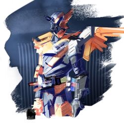  1boy animification arms_at_sides build_driver highres kamen_rider kamen_rider_build kamen_rider_build_(hawkgatling_form) kamen_rider_build_(series) looking_at_viewer male_focus rider_belt solo till-the-next-millennium tokusatsu wings 