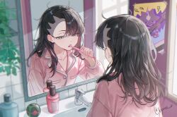  1girl artist_name asymmetrical_bangs bathroom black_hair blue_eyes brushing_teeth commentary dusk_ball faucet holding holding_toothbrush kyaro_o looking_at_mirror marnie_(pokemon) medium_hair messy_hair mirror morning pajamas poke_ball pokemon pokemon_sword_and_shield poster_(object) reflection reflection_focus sink sleepy soap_bottle solo toothbrush toothbrush_in_mouth toxel undercut waking_up 