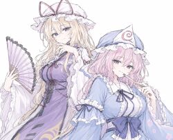  2girls blonde_hair blue_eyes blue_kimono bow breasts closed_mouth commentary_request dress frilled_kimono frilled_sleeves frills hand_fan hand_up hands_up hat hat_ribbon japanese_clothes kimono large_breasts long_hair long_sleeves looking_at_viewer medium_hair mob_cap multiple_girls pink_eyes pink_hair purple_bow purple_tabard red_ribbon ribbon saigyouji_yuyuko saionji_mutsuki simple_background smile tabard touhou triangular_headpiece very_long_hair white_background white_dress white_hat yakumo_yukari 