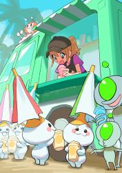  1girl baseball_cap beach blue_eyes blush_stickers brown_hair bus car commentary_request cup day food food_truck hat highres ice_cream ice_cream_cone monyorun motor_vehicle ondoku-chan open_mouth outdoors palm_tree ponytail rhythm_alien rhythm_tengoku rhythm_tengoku_miracle_stars sachiko_diamond smile tree umbrella umbrella_performer_(rhythm_tengoku) van 
