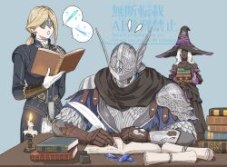 1boy 2girls arizuka_(catacombe) armor black_dress black_skin blindfold_mask blonde_hair blue_gem blue_surcoat book candle candlestand cape closed_mouth colored_skin commentary_request dark-skinned_female dark_skin dress duchess_(elden_ring) elden_ring elden_ring_nightreign eye_mask fire gem gloves half_eye_mask hat helmet holding holding_book holding_quill inkwell large_hat long_sleeves mask multiple_girls open_book open_mouth ornate_clothes ponytail purple_hat purple_sleeves quill recluse_(elden_ring) scale_armor scroll short_hair simple_background sitting very_dark_skin white_hair winged_helmet witch witch_hat writing wylder_(elden_ring) 