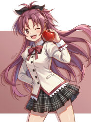 1girl apple artist_name black_bow black_skirt bow bowtie commentary drop_shadow food fruit hair_bow hand_on_own_hip highres holding holding_food holding_fruit juliet_sleeves long_hair long_sleeves looking_at_viewer mahou_shoujo_madoka_magica mahou_shoujo_madoka_magica:_walpurgis_no_kaiten mitakihara_school_uniform one_eye_closed open_mouth puffy_sleeves purigetsu red_background red_bow red_bowtie red_eyes red_hair sakura_kyoko school_uniform skirt solo standing teeth untranslatable_commentary upper_teeth_only v-shaped_eyebrows