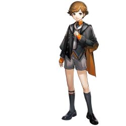  1boy amada_ken arknights artist_request black_capelet black_shirt black_shoes black_socks brown_eyes brown_hair capelet closed_mouth emblem full_body game_asset grey_shorts highres kneehighs loafers looking_at_viewer male_focus necktie non-web_source official_alternate_costume official_art orange_capelet orange_sweater persona persona_3 persona_3_reload school_uniform shirt shoes shorts simple_background sleeves_past_wrists smile socks solo standing sweater tachi-e transparent_background two-tone_capelet white_necktie 