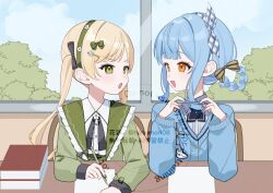  2girls 55szt :d artist_name blonde_hair blue_cardigan blue_hair blue_hairband blue_nails bow bow_hairband braid braided_hair_rings cardigan collared_shirt commentary_request cross_tie furrowed_brow green_cardigan green_eyes green_hairband green_nails hair_bow hair_rings hairband holding holding_pen long_hair mahou_shoujo_no_majo_saiban multiple_girls nail_polish official_alternate_costume open_mouth pen plaid_hairband shirt short_hair signature smile table tachibana_sherry tono_hanna twintails twitter_username watermark white_shirt window writing yellow_eyes yuri 