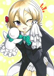  1girl absurdres ajikeneko aqua_bow blonde_hair bow commentary_request grey_eyes hair_ornament highres holding looking_at_viewer magical_girl mahou_shoujo_ikusei_keikaku mahou_shoujo_ikusei_keikaku_f2p one_eye_closed open_mouth puppeta red_bow smile 