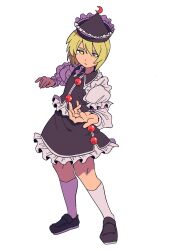  1girl black_hat black_skirt black_vest blonde_hair brown_shoes closed_mouth commentary_request crescent crescent_hat_ornament frilled_hat frills full_body hat hat_ornament highres kneehighs loafers long_sleeves lunasa_prismriver orange555_555 shirt shoes simple_background skirt skirt_set socks solo touhou vest white_background white_shirt white_socks yellow_eyes 