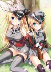  2girls adapted_costume bare_shoulders bismarck_(kantai_collection) blonde_hair blue_eyes detached_sleeves hat japanese_clothes kantai_collection long_hair massan military military_uniform multiple_girls peaked_cap prinz_eugen_(kantai_collection) thigh-highs twintails uniform 