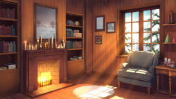  armchair blue_sky book book_stack bookshelf box candle carpet chair commentary day english_commentary fire fireplace highres indoors lantern light_rays mini_christmas_tree muntins no_humans novish original painting_(object) picture_frame pine_tree scenery sky snow snow_on_tree snowing spiked_ball sunbeam sunlight table tree variant_set watermark watermark_grid window window_shadow winter wooden_floor wooden_lantern 