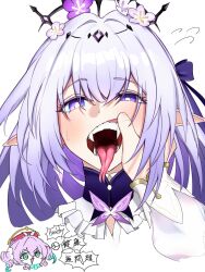  2girls aqua_bow aqua_bowtie aqua_eyes aqua_hair aqua_ribbon black_tiara blush bow bowtie bug butterfly butterfly_ornament castorice_(honkai:_star_rail) chrysos_heirs_(honkai:_star_rail) commentary_request drill_hair face-to-face fangs finger_to_mouth flower flower_ornament forked_tongue gradient_hair hair_between_eyes hair_flower hair_ornament hand_on_another's_chin hat highres holding honkai:_star_rail honkai_(series) hyacine_(honkai:_star_rail) long_sleeves looking_at_viewer multicolored_hair multiple_girls open_mouth pink_hair pointy_ears purple_butterfly purple_flower purple_hair red_hat ribbon saliva short_hair simple_background smile sweat tiara tongue tongue_out twin_drills violet_eyes yagurasan8963 
