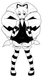  1girl bad_id black_shoes bow drill_hair hair_bow halloween_costume heriyama long_hair looking_at_viewer luna_platz_(mega_man) mega_man_(series) mega_man_star_force_(series) pantyhose shoes simple_background smile striped_clothes striped_pantyhose striped_sleeves twin_drills very_long_hair white_background 