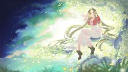  1girl 2026 absurdres aerith_gainsborough arm_belt boots bracelet breasts brown_boots brown_hair cherry8nyan commentary cropped_jacket dated dress english_commentary falling_petals final_fantasy final_fantasy_vii final_fantasy_vii_remake final_fantasy_vii_revelation flower full_body gold_bangle green_eyes hair_flower hair_ornament halo hand_in_own_hair highres in_tree jacket jewelry light_smile long_dress long_hair looking_at_viewer medium_breasts multiple_bracelets parted_bangs petals pink_dress pink_ribbon red_jacket ribbon silver_bangle sitting sitting_in_tree solo tree twitter_username unworn_ribbon yellow_flower yellow_petals 