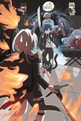  1boy absurdres animal arknights bang_dream! bang_dream!_it's_mygo!!!!! baseball_cap black_cat black_jacket black_ribbon blue_hair cat chinese_commentary collared_shirt commentary_request crossover dungeon_meshi ela_(rainbow_six_siege) fire gameplay_mechanics gekkoukan_high_school_uniform green_hair gun_to_own_head hair_ribbon hat highres holding holding_sword holding_weapon instrument jacket keyboard_(instrument) long_hair long_sleeves luo_xiaohei marcille_donato multiple_crossover oblivionis_(bang_dream!) persona persona_3 rainbow_six_siege red_shirt ribbon school_uniform shirt short_hair spoken_character standing sweatdrop sword thanatos_(persona) togawa_sakiko togawa_sakiko_(sarkaz) wanzixiqingwusuiyizoudong weapon white_shirt yuuki_makoto_(persona_3) 