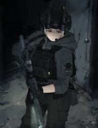  1girl absurdres ammunition_pouch assault_rifle black_gloves body_armor bulletproof_vest combat_helmet fast_helmet foregrip gloves gun gun_sling helmet highres hood hooded_jacket jacket kumah_dessu laser_sight load-bearing_vest magazine_(weapon) military_operator night_vision_device optical_sight original pouch red_eyes rifle ruins scar scar_on_cheek scar_on_face short_hair suppressor tactical_clothes weapon white_hair 