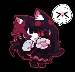  >_< >_o 1girl absurdres amedrama animal_ear_fluff animal_ears animal_hands armband black_background black_hair black_pantyhose black_shirt black_shoes black_skirt cat_ears chibi collared_shirt commentary crown flower gloves hair_flower hair_ornament highres kemonomimi_mode layered_skirt long_hair long_skirt long_sleeves looking_at_viewer mahou_shoujo_no_majo_saiban mini_crown necktie nikaido_hiro one_eye_closed open_mouth outline overskirt pantyhose paw_gloves plaid_clothes plaid_skirt pleated_skirt red_armband red_eyes red_flower red_necktie red_outline red_skirt shirt shoes skirt solo spoken_expression white_gloves 