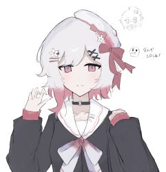  1girl :3 beret black_choker black_shirt choker closed_mouth flower gradient_hair hair_flower hair_ornament hat hat_flower hat_ribbon highres kariusa21 long_sleeves mahou_shoujo_no_majo_saiban multicolored_hair o-ring o-ring_choker official_alternate_costume pink_eyes pink_hair ribbon sakuraba_ema shirt short_hair simple_background solo straight-on translation_request upper_body white_background white_flower white_hair white_hat x_hair_ornament 