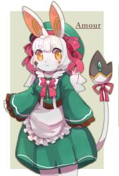  1girl apron blush border bow bowtie chinchilla_ears chinchilla_girl chinchilla_tail closed_mouth commentary_request cowboy_shot dress frilled_apron frilled_sleeves frills furry furry_female green_background green_dress green_hat green_outline hair_bow hat highres long_sleeves original outline outside_border pink_bow pink_bowtie po!_(popoemo) red_ribbon ribbon short_hair simple_background solo standing tail tail_ornament tail_ribbon thick_eyebrows white_apron white_border white_hair wide_sleeves yellow_eyes 