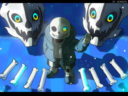  1boy 2016 2d aqua_eyes artist_name black_shorts blue_jacket blue_slippers bone deviantart_sample digital_media drawstring floating_object floor from_above full_body gasterblaster grey_hood hand_in_pocket hand_up highres hollow_eyes hood hood_down hooded_jacket humanoid image_sample jacket kuangtai letterboxed long_sleeves looking_at_viewer male male_focus male_only monster monster_boy open_clothes open_jacket sans_(undertale) shadow shirt shorts single_vertical_stripe skeleton skull slippers socks solo standing striped_clothes striped_shorts teeth two-tone_eyes undead undertale utdr_(toby_fox) vertical-striped_clothes vertical-striped_shorts white_shirt white_socks white_stripes yellow_eyes zipper 