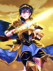  1boy absurdres arm_guards armor black_gloves blue_cape blue_eyes blue_hair breastplate cape clouds commentary_request couter falchion_(fire_emblem) faulds fingerless_gloves fire_emblem fire_emblem:_mystery_of_the_emblem fire_emblem_warriors floating_cape floating_hair gloves glowing glowing_sword glowing_weapon gold_armor gold_sky gold_tiara highres holding holding_sword holding_weapon layered_armor lens_flare light_particles male_focus marth_(fire_emblem) open_mouth pauldrons pelvic_curtain poleyn sayu_(silent_si1ent) short_hair shoulder_armor sky solo sword two-sided_cape two-sided_fabric upper_body watercolor_effect weapon 