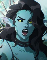  1girl annoyed artist_name black_hair black_sclera blue_skin close-up colored_sclera colored_skin commentary commission dungeons_&amp;_dragons english_commentary fangs fins gills head_fins highres looking_afar matt_mendoza mole mole_under_mouth original scales shirt sleeveless sleeveless_shirt slit_pupils spaghetti_strap wavy_hair yellow_eyes 