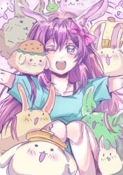  +_+ 1girl aubrey_(headspace)_(omori) aubrey_(omori) blue_shirt blush bow bun_bunny_(omori) collarbone commentary cupcake cupcake_bunny_(omori) dust_bunny_(omori) english_commentary food forest_bunny_(omori) hair_bow knees_up long_shirt looking_at_viewer omori one_eye_closed open_mouth pancake pancake_bunny_(omori) pancake_stack pink_bow purple_hair rabbit shirt short_sleeves slime_bunny_(omori) smile solo teeth upper_teeth_only violet_eyes xanyu2334ouo 