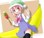  blush dress fang food fruit fruit_background hat holding ice_cream komone_ushio open_mouth pink_eyes pink_hair short_hair smile thighhighs ukomone 