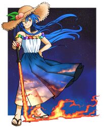  1girl absurdres blue_dress blue_hair bread_master commentary dress english_commentary flip-flops floating_hair full_body hat highres hinanawi_tenshi long_hair one_eye_closed peach_hat_ornament planted planted_sword red_eyes sandals sky sky_print solo standing star_(sky) starry_sky straw_hat sun_hat sword sword_of_hisou touhou two-tone_dress variant_set weapon white_dress 