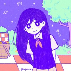  1girl arms_behind_back artist_name blush bright_pupils checkered_blanket closed_mouth collared_shirt colored_skin commentary double-parted_bangs english_commentary grass hair_behind_ear hair_between_eyes highres looking_at_viewer mari_(headspace)_(omori) mari_(omori) neckerchief omori picnic_basket picnic_blanket purple_hair purple_sky purple_sweater_vest red_neckerchief shirt short_sleeves sky smile solo starlyfnnctn sweater_vest tree twitter_username violet_eyes white_pupils white_shirt white_skin 