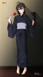  1boy 2017 blue_eyes blush braid candy candy_apple check_commentary commentary_request crossdressing crossdressing_(mtf) dated doushi_tatsu_to_dekkai_no food genderswap genderswap_(ftm) gloves highres holding holding_candy holding_food japanese_clothes kantai_collection kimono liquid september shigure_(kancolle) solo standing suggestive_fluid trap 