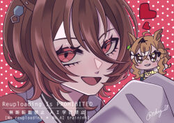 1girl aegyo_sal agnes_tachyon_(umamusume) ahoge animal_ears artist_name black_shirt brown_hair chemical_structure chibi collared_shirt commentary_request crossed_bangs ear_ornament earrings hair_between_eyes horse_ears horse_girl jewelry jungle_pocket_(umamusume) medium_hair multiple_earrings no_eyes odag_18 open_mouth polka_dot polka_dot_background red_background red_eyes shirt signature single_earring smile solo twitter_username umamusume watermark wolf_cut 