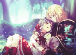  2girls aotsubaki_toto aver_(yumenokessho) bang_dream! bang_dream!_it's_mygo!!!!! black_capelet blonde_hair blue_hair blurry blurry_background boots bug butterfly capelet closed_mouth commentary day doloris_(bang_dream!) facial_mark gloves hug hug_from_behind medium_hair misumi_uika multiple_girls outdoors parted_lips red_boots red_gloves red_skirt shirt skirt smile suspender_skirt suspenders sweets_paradise togawa_sakiko tree untranslatable_commentary violet_eyes white_butterfly white_shirt yellow_eyes yumenokessho yuri 