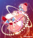  bat_wings blue_hair clone danmaku fangs flying multiple_girls omuni open_mouth outstretched_arm reaching red_eyes remilia_scarlet short_hair smile touhou wings wrist_cuffs 