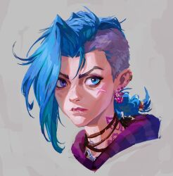  1girl absurdres alternate_hairstyle arcane:_league_of_legends arcane_jinx asymmetrical_hair blue_eyes blue_hair borrowed_hairstyle braid closed_mouth commentary cropped_head earrings english_commentary highres jewelry jinx_(league) julia_shii league_of_legends lips mismatched_eyebrows neck_tattoo scar scar_on_cheek scar_on_face short_hair sidecut single_braid solo tattoo undercut 