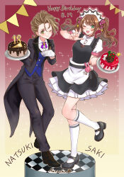  1boy 1girl apron artist_name birthday_cake birthday_date black_coat black_dress black_pants black_shoes black_suit blue_vest brown_hair buttons cake character_name coat commentary_request crossdressing crossdressing_(mtf) dress food frilled_dress frills gloves gradient_background hair_ornament hair_scrunchie happy_birthday highres holding holding_plate idolmaster idolmaster_cinderella_girls idolmaster_side-m kimura_natsuki kneehighs lapel_pin lapels long_hair looking_at_viewer maid maid_apron maid_headdress male_maid mary_janes mizushima_saki nail_polish natsuka_(pwkf8487) notched_lapels pants pink_nails pink_scrunchie plate red_background reverse_trap scrunchie shoes short_dress short_hair socks sparkle_background standing standing_on_one_leg suit trap twintails undershirt v vest white_gloves white_socks yellow_background 