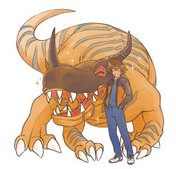  1boy a-pair-of-iris blue_pants brown_hair claws closed_eyes colored_skin commentary digimon digimon_(creature) digimon_adventure english_commentary greymon grin jacket open_clothes open_jacket orange_skin pants sharp_teeth shoes short_hair smile sparkle tail teeth white_background yagami_taichi 