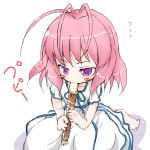  baby_princess barefoot bow chibi dress flute fubuki fubuki_(baby_princess) instrument kneeling kojima_tsuma lowres pink_eyes pink_hair recorder ribbon short_hair simple_background 