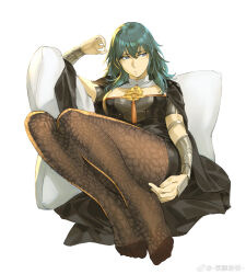  1girl arm_guards armor belt black_coat black_shorts blue_hair blush breasts brown_pantyhose chinese_commentary closed_mouth coat commentary_request dagger feet female_byleth_(fire_emblem) fire_emblem fire_emblem:_three_houses floral_print full_body highres jacket jacket_on_shoulders knife medium_breasts medium_hair midriff_peek pantyhose pantyhose_under_shorts patterned_legwear print_pantyhose ruukii_drift shorts weapon white_background 