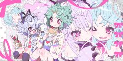  2girls absurdres black_ribbon black_socks blazer braid cheek-to-cheek collared_shirt commentary_request crepe eating food glasses green_hair hair_between_eyes hair_ornament hair_ribbon heads_together highres holding holding_food ice_cream_crepe idol_land_pripara jacket katasumi_amari katasumi_amari_(normal) korean_commentary long_hair looking_at_another multiple_girls multiple_views necktie oc_x_canon open_clothes open_jacket original owoxxxc pink_eyes pretty_series pripara purple_hair red_necktie ribbon school_uniform semi-rimless_eyewear shirt short_hair socks striped_clothes striped_necktie under-rim_eyewear very_long_hair white_shirt white_socks x_hair_ornament yellow_jacket 